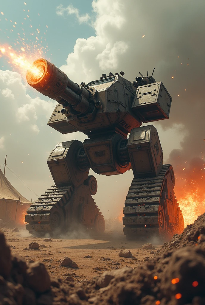 A huge massacre weapon consisting of a Colt-type pistol base and a caterpillar tank attached to it runs across the battlefield, spraying fire from its muzzle.、Explosion and destruction、Blow away enemy camp、Pistol-type armored vehicle、