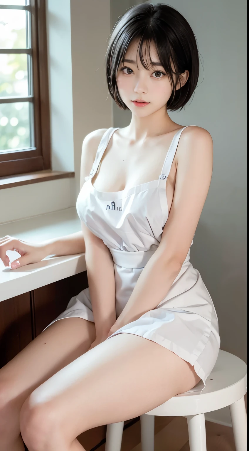 Best image quality、RAW photos、Ultra-high resolution、15 years old Japanese breasts:1.5、cleveage:1.5、Healthy complexion、Fair and shiny skin、(short hair)、Black Hair、ランダムな色のbeautiful eyes、Thin lips、beautiful eyes、Draw in detail、Superbly detailed eyes、Long eyelashes、Beautiful double eyelids、Black collar、Beautiful Skin、Healthy skin、(White Micro Apron、Nude little apron, Round Breasts、The whole shoulder is exposed、waist, thigh, Visible armpits、Beautiful Feet、attractive thigh)、(slightly thick thigh、Sitting in the kitchen)、Large Breasts、Nude in an apron、Legs apart，Camel toe，Transparent Clothes，Soaked，Soft lighting