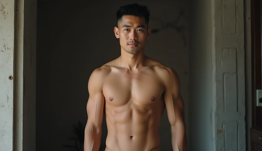 a young adult guy he is Japanese,the Buzzed haircut in black color, light brown eyes, shirtless, very muscular , , he's in front of your mansion black, full body, he is 25 years old,he has sexy face,he is very muscular  light skin, ,very muscular, slim and strong body, clean skin, he has a sexy masculine face, He is naked, sexy naked, with a very big and beautiful hot cock 