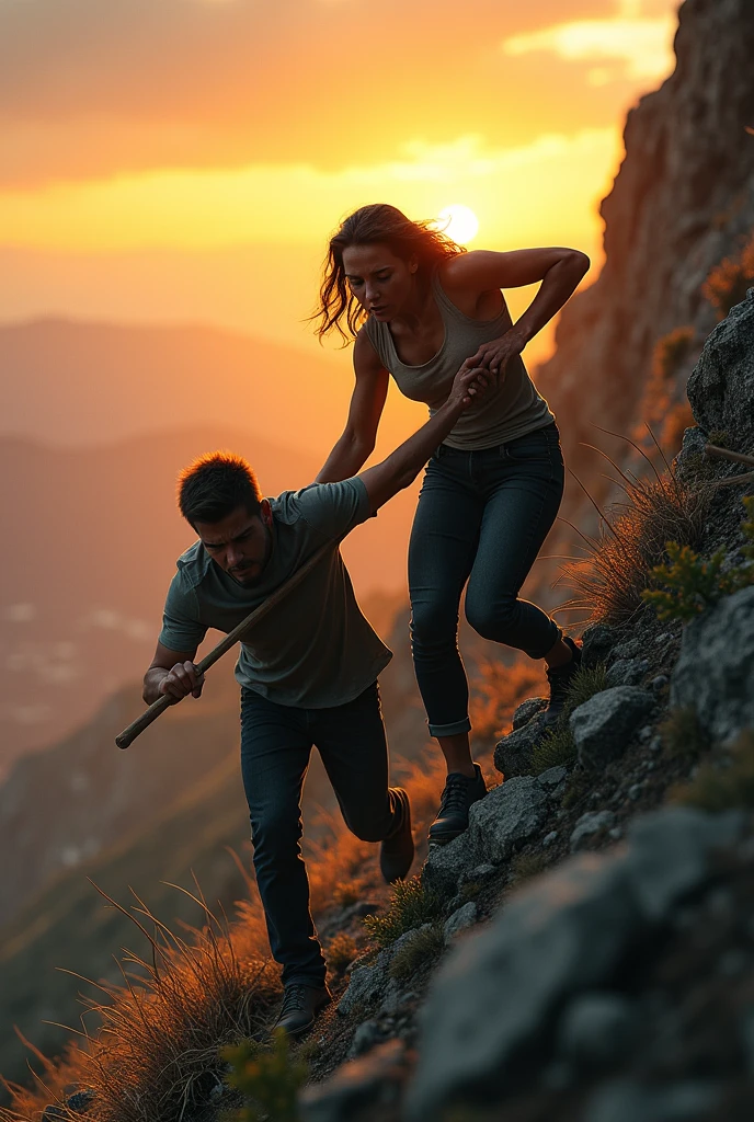 A woman pulling the man on the mountain at sunset 