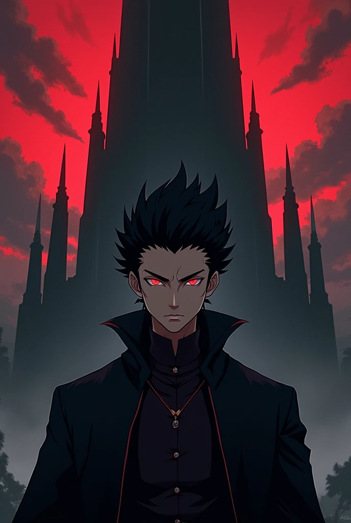 A black-haired, red-eyed man, anime style. against the backdrop of a black Babylonian tower. gloomy atmosphere. Red clouds.