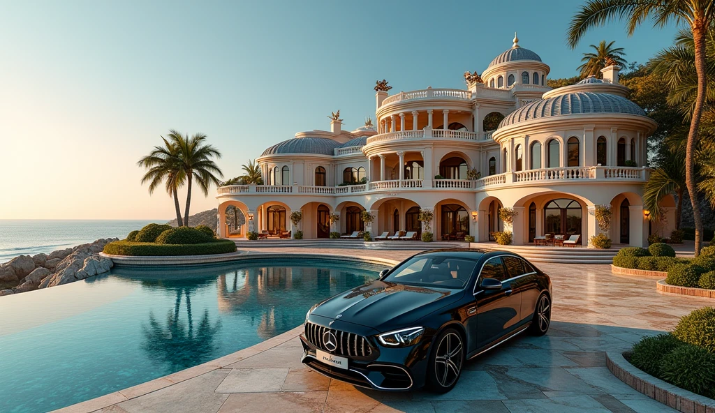 luxury mansion with a mercedes car parked in front of it, seaside, luxury pool, luxury lifestyle, luxurious environment, luxury architecture, rich, huge mansion, rich style, luxury and elite, extremely opulent, luxurious, hyper luxurious, majestic masterpiece, wealthy, luxury, stunning grand architecture, exquisite masterpiece, flaunting his wealth, inside a grand, architectural masterpiece, heaven, heavenly