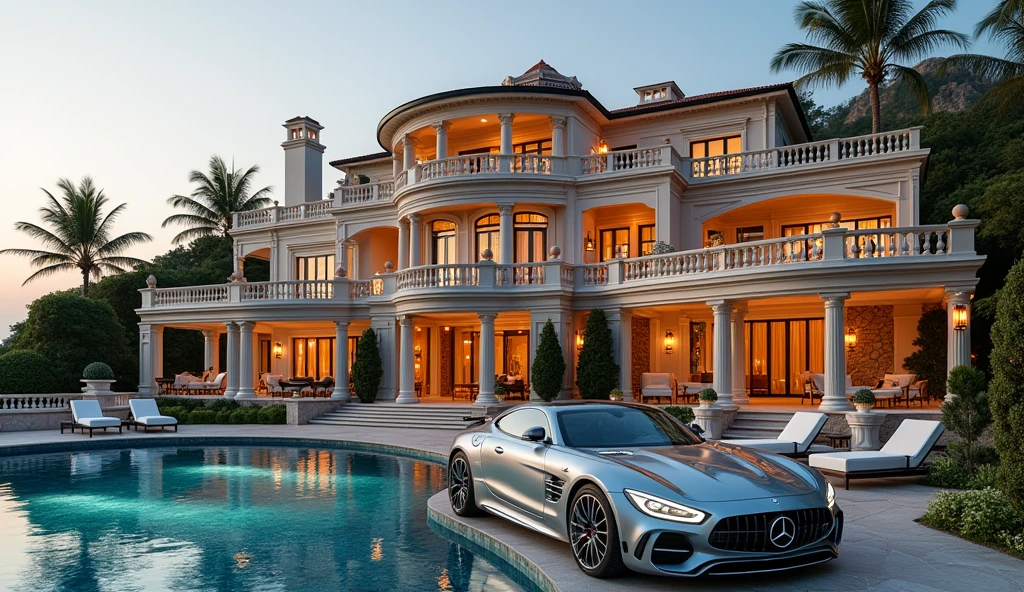 luxury mansion with a mercedes car parked in front of it, seaside, luxury pool, luxury lifestyle, luxurious environment, luxury architecture, rich, huge mansion, rich style, luxury and elite, extremely opulent, luxurious, hyper luxurious, majestic masterpiece, wealthy, luxury, stunning grand architecture, exquisite masterpiece, flaunting his wealth, inside a grand, architectural masterpiece, heaven, heavenly