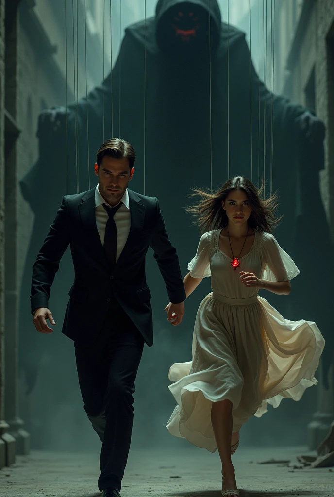A handsome man wearing a black suit and a young woman wearing a Ruby pendant are running. A shadowy man with a mask is controlling them with puppet string from above.