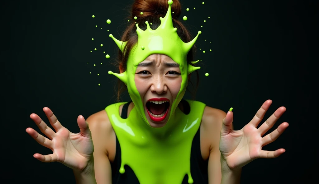 a close up of a tanned korean woman wearing black tank top, red lipstick, bun brown hair, her face looks scared and screamed with mouth open like shouting. Her palms to the camera looks like she's avoiding it. there is neon green transparant liquid slime thrown to her head. the slime looks like it splashes around. black background. realistic, medium shot, 8k.
