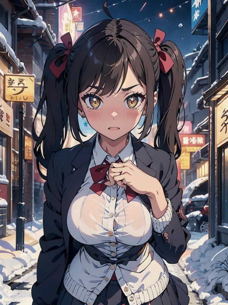 Starry Eyes, Looks even more beautiful than immortal, Ahoge, hair, Star-shaped pupils, Amber Eyes, Colored contact lenses, blush, Attention to detail, anime, Romanticism, Modern, Gothic art, anime style, Cinema Lighting, Ray Tracing, Motion Ry, close, Sony FE GM, Ultra-high resolution, Attention to detail, Highest quality, 8k, Big Breasts, light brown hair, Have, Twin tails, Clean your fingers, Well-formed fingers, Long jacket, ribbon, mystery, knitted Have, snow, anger, impatience