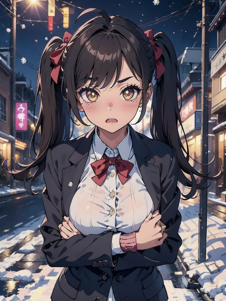 Starry Eyes, Looks even more beautiful than immortal, Ahoge, hair, Star-shaped pupils, Amber Eyes, Colored contact lenses, blush, Attention to detail, anime, Romanticism, Modern, Gothic art, anime style, Cinema Lighting, Ray Tracing, Motion Ry, close, Sony FE GM, Ultra-high resolution, Attention to detail, Highest quality, 8k, Big Breasts, light brown hair, Have, Twin tails, Clean your fingers, Well-formed fingers, Long jacket, ribbon, mystery, knitted Have, snow, anger, impatience
