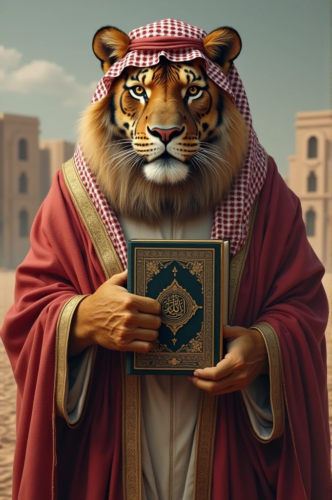 A big cat wearing saudi Arabia dress and his speech Qur'an 