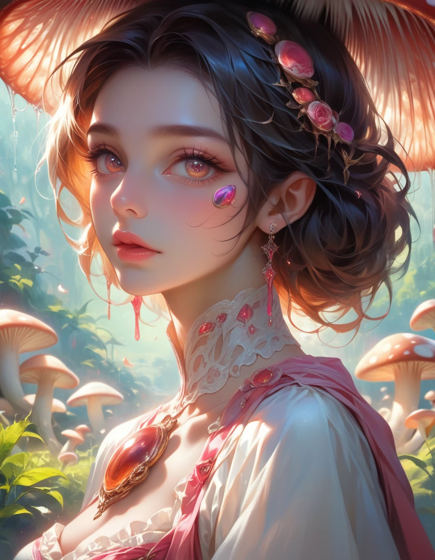 detailed mushroom farm, 1girl, beautiful detailed eyes, beautiful detailed lips, extremely detailed face and features, long eyelashes, photorealistic, 8k, hyperdetailed, highly detailed, intricate, exquisite, vibrant colors, dramatic lighting, cinematic, mystical, fantasy, magical realism