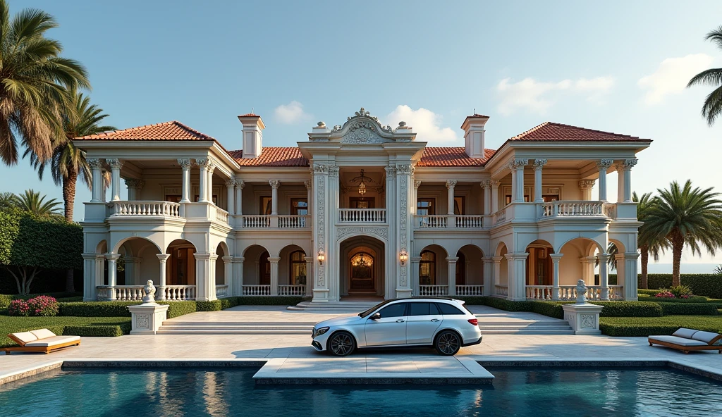 luxury mansion with a mercedes car parked in front of it, seaside, luxury pool, luxury lifestyle, luxurious environment, luxury architecture, rich, huge mansion, rich style, luxury and elite, extremely opulent, luxurious, hyper luxurious, majestic masterpiece, wealthy, luxury, stunning grand architecture, exquisite masterpiece, flaunting his wealth, inside a grand, architectural masterpiece, long shot
