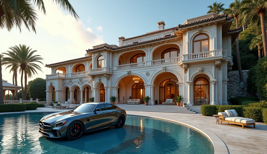 luxury mansion with a mercedes car parked in front of it, seaside, luxury pool, luxury lifestyle, luxurious environment, luxury architecture, rich, huge mansion, rich style, luxury and elite, extremely opulent, luxurious, hyper luxurious, majestic masterpiece, wealthy, luxury, stunning grand architecture, exquisite masterpiece, flaunting his wealth, inside a grand, architectural masterpiece, long shot