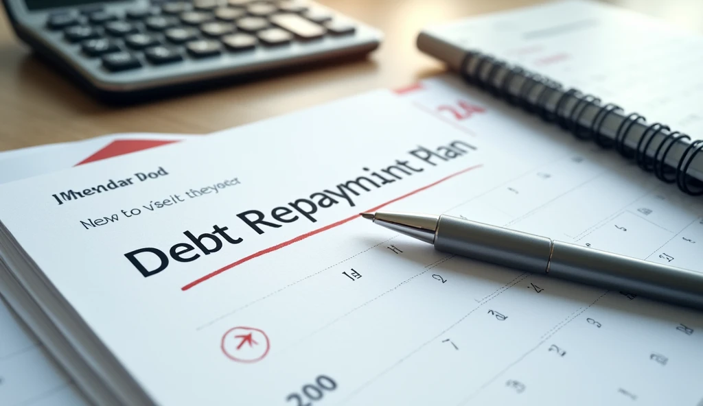 "A calendar marked with payment dates, a pen circled around a date, and a calculator next to a note that says 'Debt Repayment Plan,' ar 16:9"