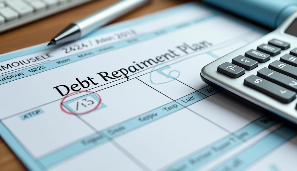 "A calendar marked with payment dates, a pen circled around a date, and a calculator next to a note that says 'Debt Repayment Plan,' ar 16:9"
