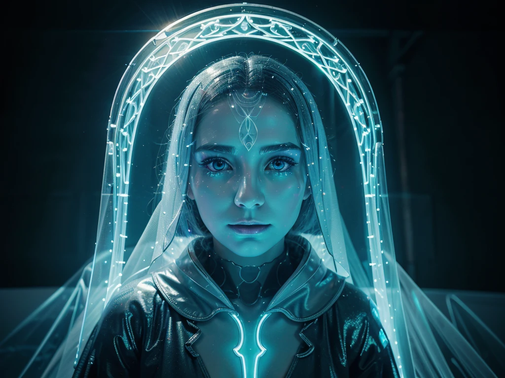 A shimmering, translucent digital ghost, its form outlined in neon hues against a dark backdrop. This captivating image is a digital concept art piece, showcasing the ghostly figure in a futuristic, glitzy setting. The ghost itself appears ethereal and otherworldly, with intricate neon patterns running through its ghostly form, giving it a modern and mesmerizing appearance. The image is rendered with exquisite precision, bringing out every detail of the ghost's glowing, ethereal presence.
