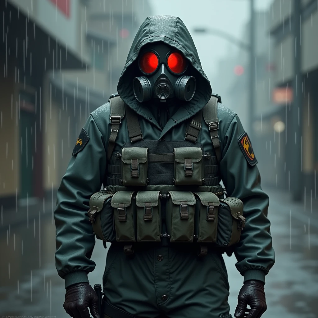 Soldier, calm, Gasmask with red glasses, rain jacket, cargo pants, hoodie over head