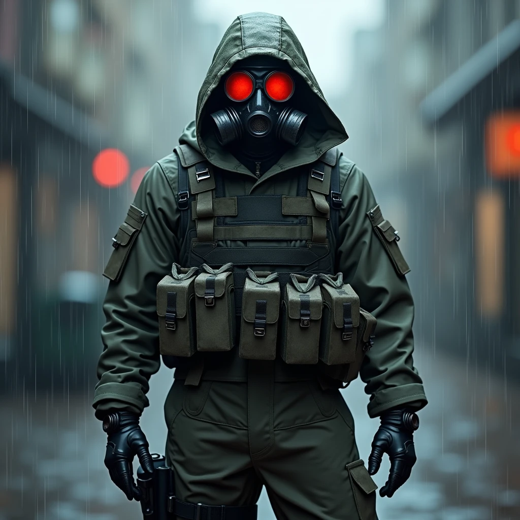 Soldier, calm, Gasmask with red glasses, rain jacket, cargo pants, hoodie over head