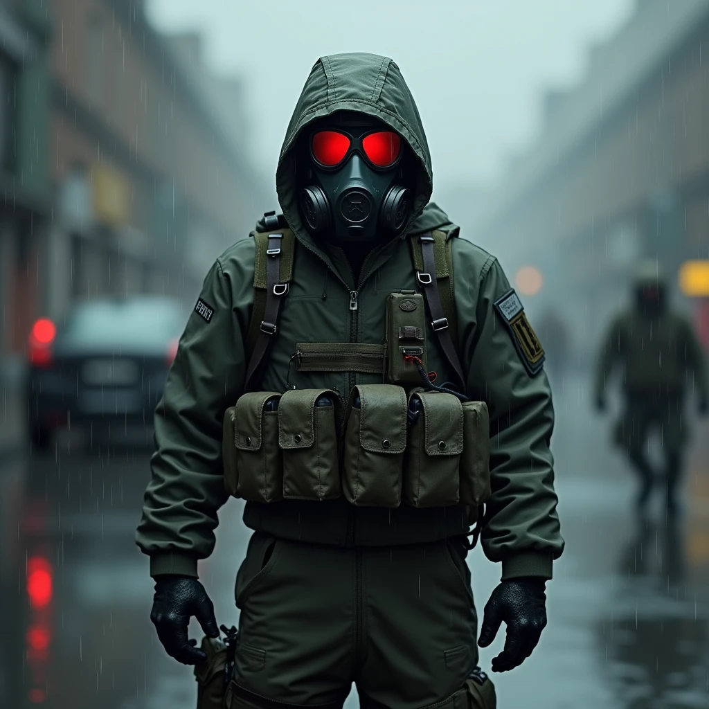 Soldier, calm, Gasmask with red glasses, rain jacket, cargo pants, hoodie over head
