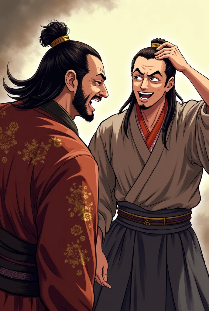 "Oda Nobunaga laughs loudly, pointing at Toyotomi Hideyoshi, who stands with a dramatically embarrassed expression. Hideyoshi’s face is flushed, eyes wide, and mouth slightly open in shock, his body language showing awkwardness as he nervously scratches his head."