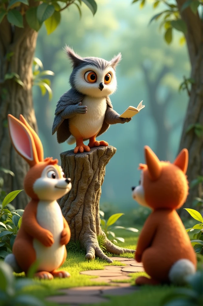 Need 3d animation style "
Owl Giving Instructions**: A wise owl perched on a tree branch, calmly addressing the group of friends. The rabbit looks anxious, the fox is thoughtful, and the monkey is attentive.