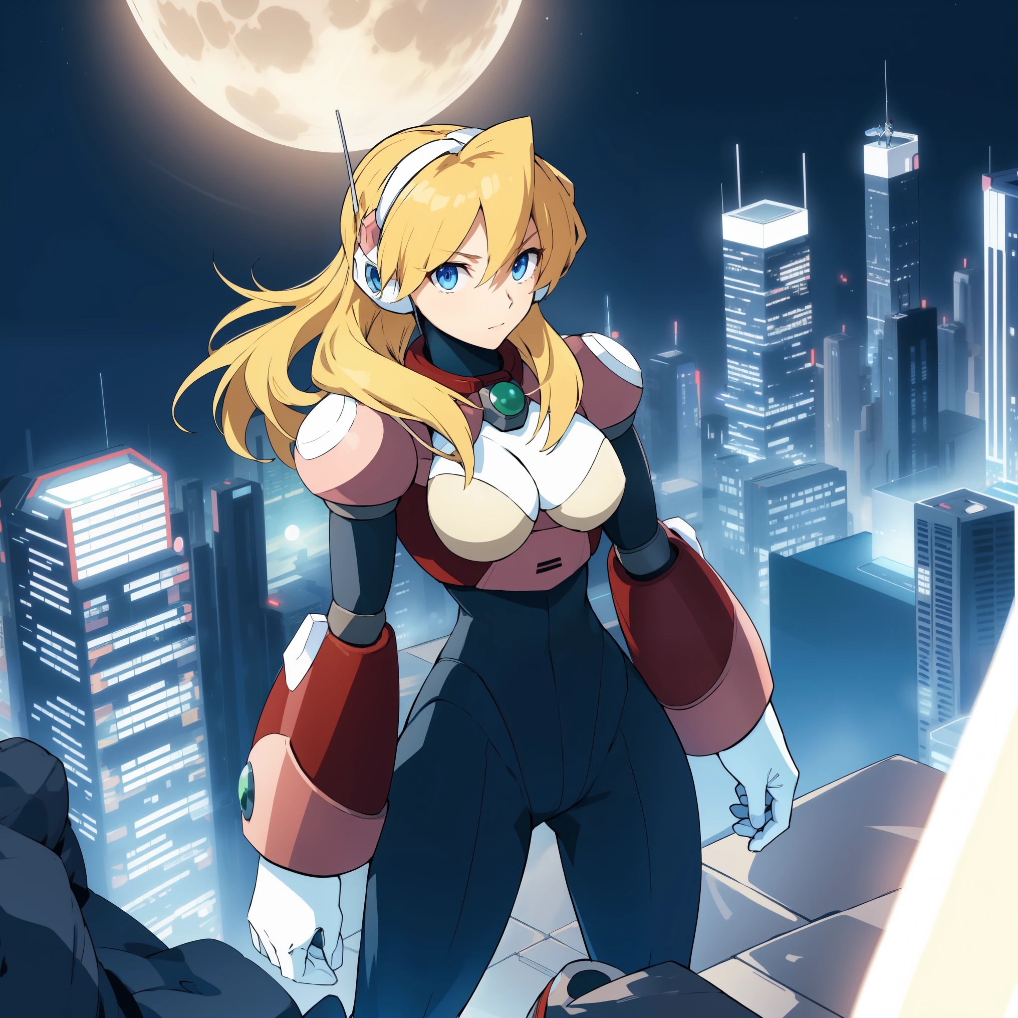 alia_megamanx, 1girl, solo, breasts, blue eyes, blonde hair, android, long hair, robot ears, high quality, masterpiece, standing on a moonlit background with city in sky background