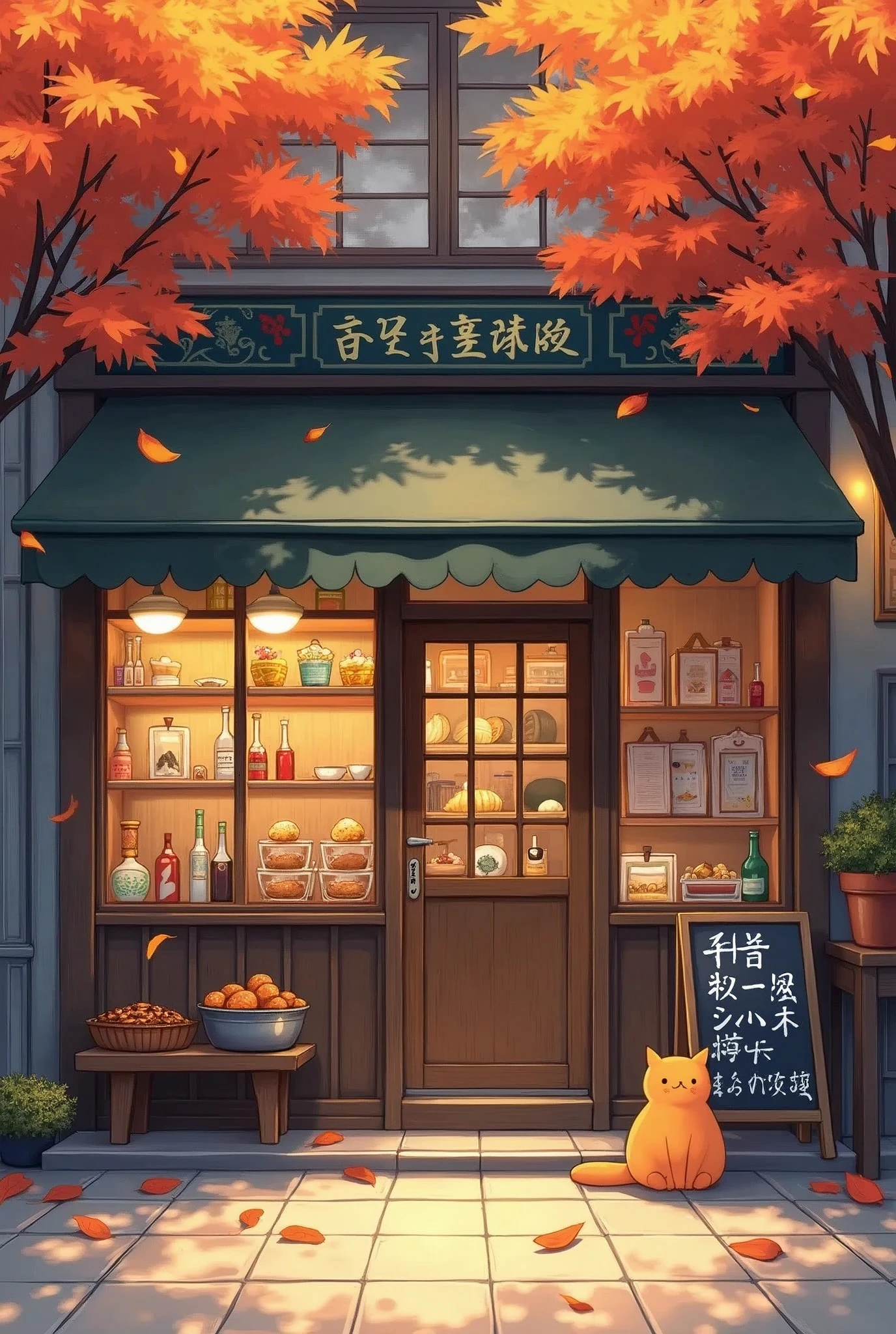 Create an anime-style illustration of a cozy, traditional Japanese café set in the autumn season. The café has a warm, welcoming atmosphere, with a sign written in Japanese characters above the entrance. The exterior of the café is decorated with various items, including shelves filled with bottles and baked goods visible through the windows. There are trees with orange and red leaves gently falling around the café, enhancing the autumn ambiance. A small chalkboard sign is placed outside, displaying the café’s specials, while a cute orange cat sits contentedly near the entrance. The overall scene should evoke a peaceful, nostalgic feeling, capturing the essence of a quiet autumn day in Japan.