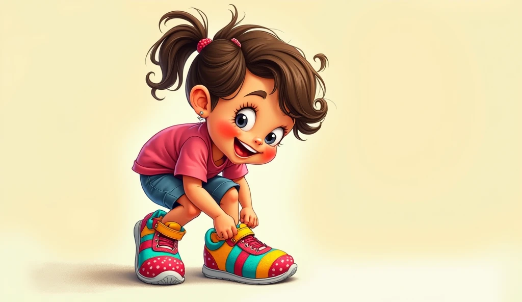 "A close-up of a cartoon child bending down to buckle their colorful shoe, with a playful smile. Bright and cheerful colors."