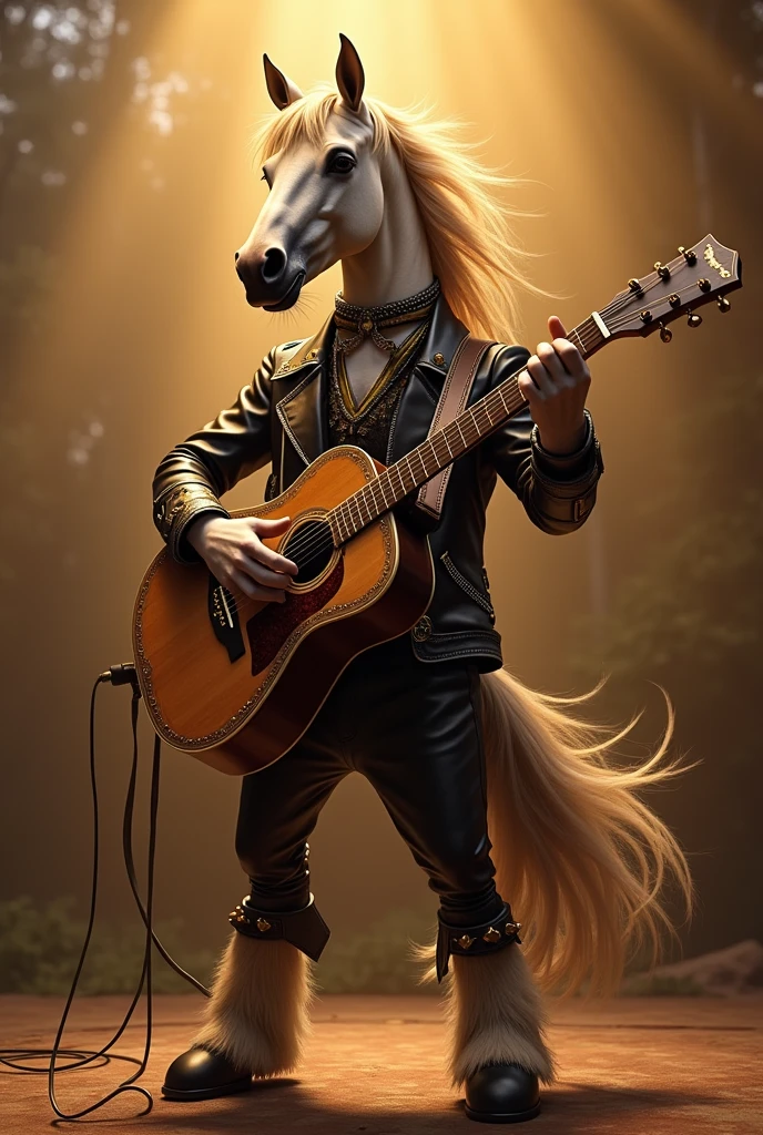 (photorealism:1.2), a horse playing an acoustic guitar, performing on a stage, rock outfit, outdoors, soft lighting, realistic, intricate details, warm colors, by Greg Rutkowski, by Alphonse Mucha