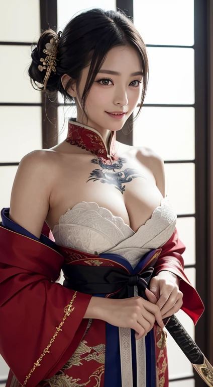 8k Ultra HD, Digital SLR,Film Grain, Fujifilm XT3,(Highest quality:1.3), (masterpiece:1.1), High resolution, Cinematic Light, White Long Sword Holding the Japan sword,Intricate details, (Realistic) (Night view) Realistic backlight、ドラマチックなredトーンの光、Beautiful Japanese Geisha full body photo, ((Facial texture Pore details)), Grin、悪魔のようなsmile, Simple messy hairstyle, 伝統的な龍のモチーフが描かれたサテンの黒いkimonoを着て, Open shoulders, Colorful dragon tattoos all over the body, Long Blade, Inside a traditional villa,白い柄のHolding the Japan sword,, 8k, Front blur,Ultra HD, Digital SLR,Film Grain, Fujifilm(8k, Highest quality, masterpiece:1,2), (Realistic, Realistic:1.37), Very detailed, one person's,), (Very detailed), (Detailed and beautiful eyes), (Highest qualityの), (Very detailed ), (masterpiece), (Detailed face),woman((19 years old)), hair((red, Wavy, length)), eye ((red eye, big eye)), Clothes((kimono,big slit, redい花柄)), accessories ((Earrings, necklace)), Huge breasts, big , smile, background,長いhair,Red Clothes,Cowboy Shot