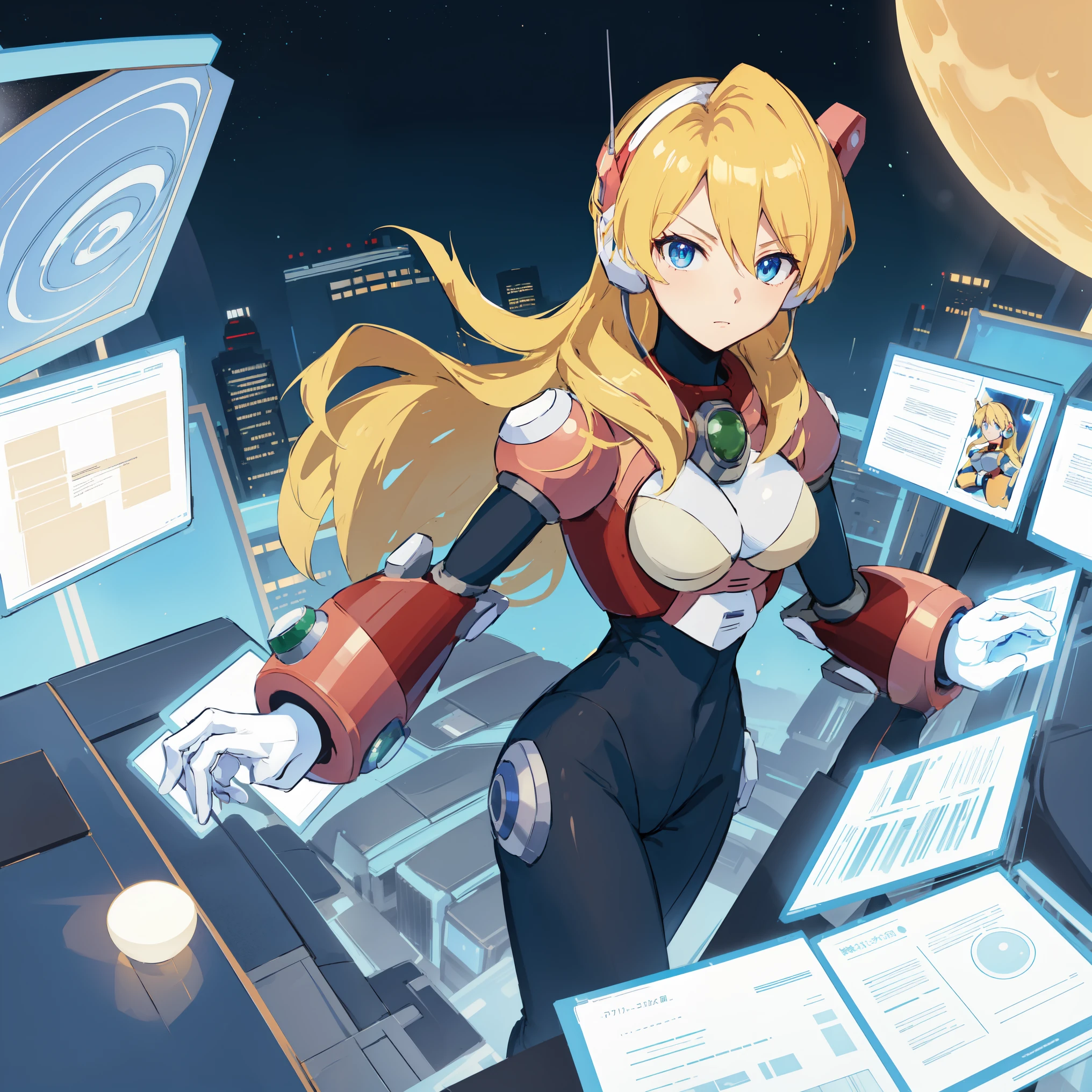 alia_megamanx, 1girl, solo, breasts, blue eyes, blonde hair, android, long hair, robot ears, high quality, masterpiece, standing on a moonlit background with city in sky background