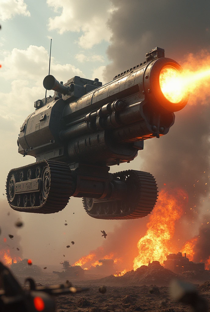 A caterpillar tank is attached to the base of a Colt-type pistol, creating a huge massacre weapon that flies low over the battlefield, spraying fire from its muzzle.。Explosion and destruction、Blow away enemy camp、Gun-shaped vehicle、