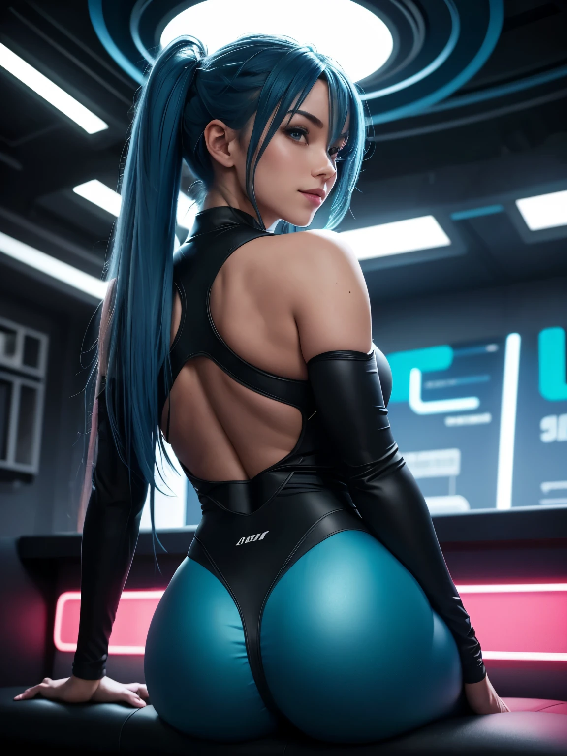 highly detailed, 8k resolution, masterpiece, one girl, blue_hair_tubes, sitting on a bench, back_arch, (ideal_Face), playful_smile, impressive lighting, 4k, detailed_background, vibrant, full_body, (hyper-realistic:1.3) (Beautiful lighting:1.3), vibrant, dynamic lighting, warm cozy neon lighting, Hot tall sexy girl with perfect figure, sitting with her back fully exposed, her long blue hair pulled forward over her shoulder, completely bare back with a slight arch, as if she's proudly showing off her beautiful back, her hand casually holding a removed sports top in front of her chest, while her back remains entirely visible, focus on the smooth curve of her back, wearing leggings with neon green accents, her buttocks fully covered in leggings, camera angle from behind, centered on her bare back, futuristic spaceship interior with soft, ambient lighting.