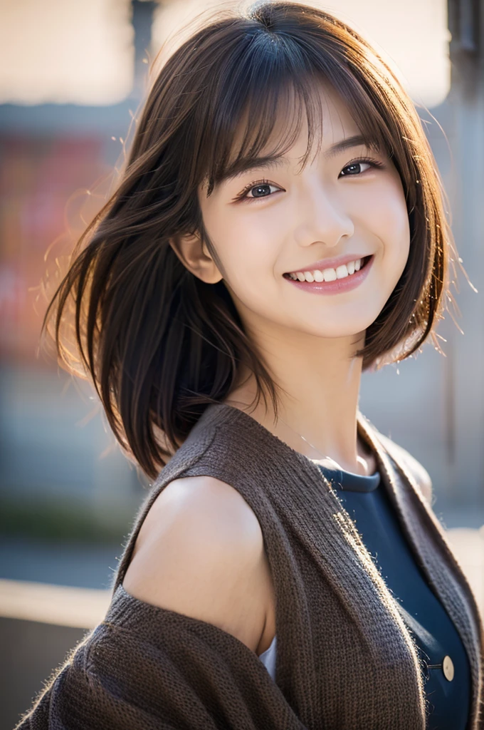 Image resolution 8K、Representative works:1.3)、Beauty、1 female、(魅力的なbody:1)、abdomen:1.1、Dark Brown Hair:1.1、(body:1)、Super detailed facial features、Attractive lips、double eyelid、Wearing fashionable and stylish clothes、Super realistic and super cute details、Japanese women、10th generation(18-year-old)、Adorable smile with a smile、Hair blowing in the wind、short hair、Portrait in the studio、