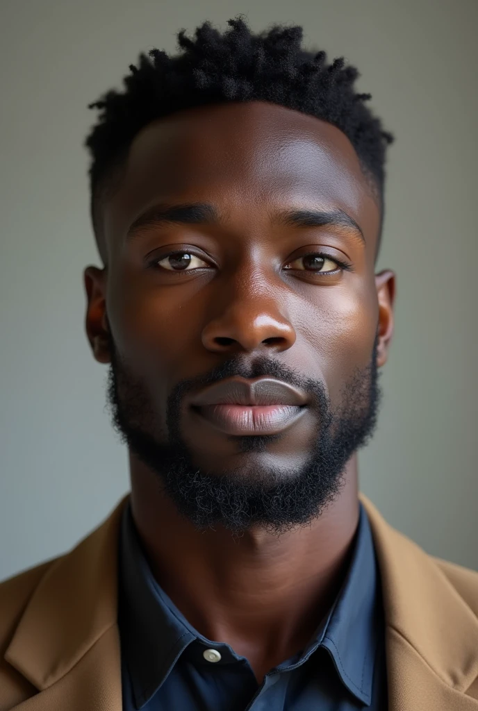 A tall man. African dark skin. 23 years. Defined jaw line, few beards, wearing official casual outfit. Curious eyes, very little beard, calm face
Intriguing eyes, calm face, no eye bags, full picture, casual outfit, early twenties, casual wear
