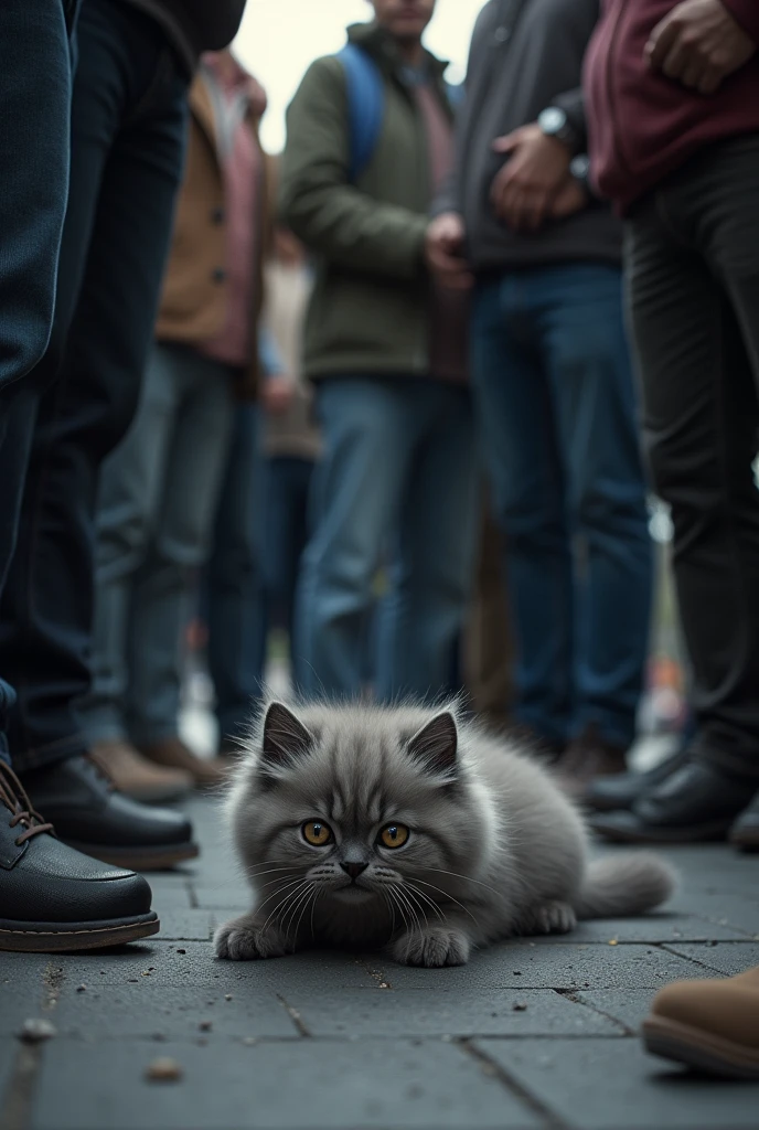 People surrounding a cute grey Persian kitten that was hit by a car on the street, the cat is lying on the floor very weak, but there is no blood.