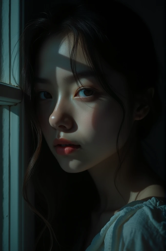 Close-up photo of a girl in a dark room with a very faint light reflecting off one side of her hair and half of her face