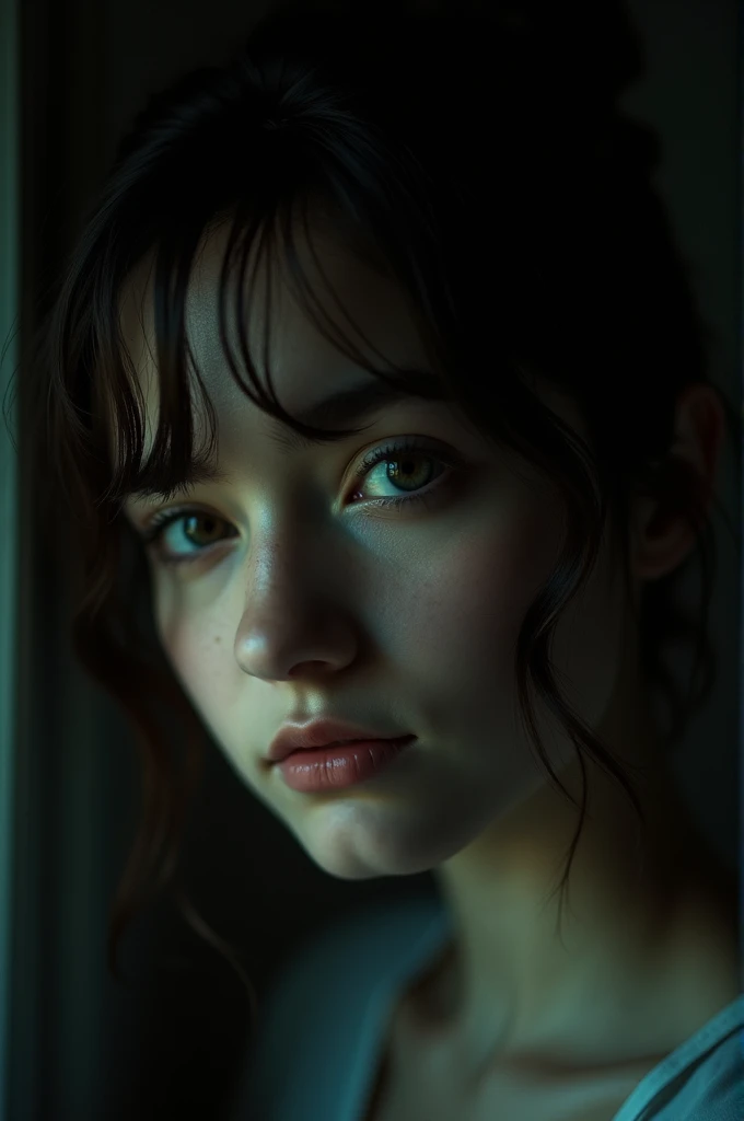 Close-up photo of a girl in a dark room with a very faint light reflecting off one side of her hair and half of her face