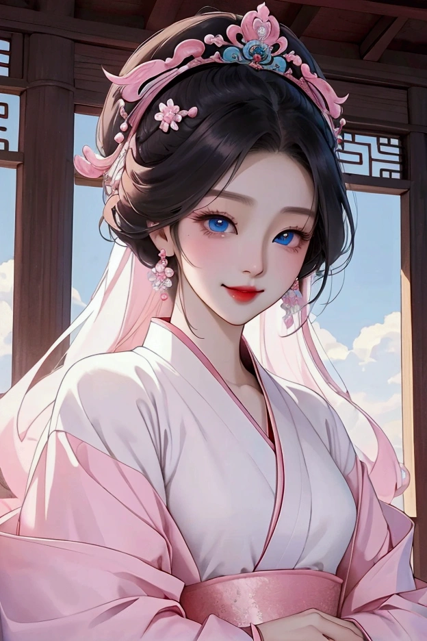 (Highest quality、 8k 、masterpiece、High resolution)、(Chinese Drama、Changgexing、Li Changge、Dililaba)、Tang Dynasty、Changan、1 Female、Beautiful young person、blue eyes、Pretty lips、Hairpin、(Noble Princess)、(Anime Beauty)、((Full Body Shot))、(Anime Art)、Smiling and posing happily、Bright atmosphere、Light colored long hair、Light pink Hanfu、Changanの街並み、Tang Dynasty Buildings、Tang Dynasty Buildings、Official Art、Detailed CG、