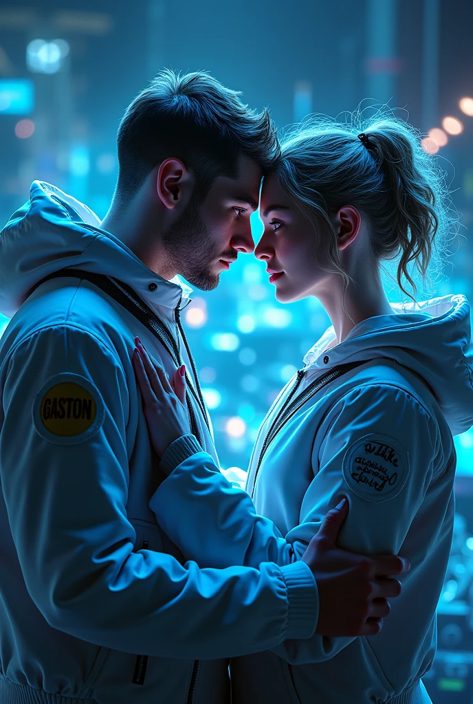 3D glowing man and woman hugging with glowing hair wearing jackets that say GASTON and VIANA sitting in front of a Ninja ZX 250 motorcycle