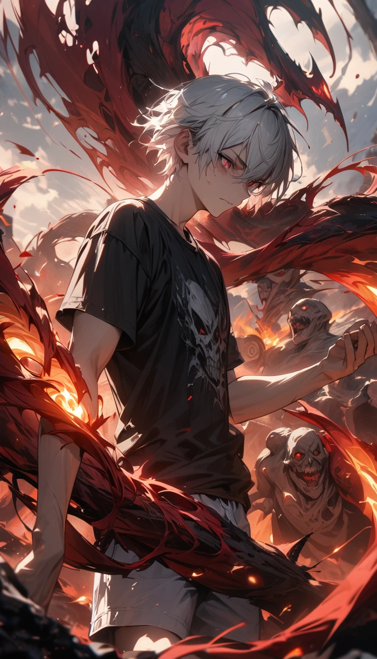 Adult guy, short white hair, red eyes, black T-shirt, white long shorts, kagune, ghoul, Masterpiece, best quality, Full HD, 8k, ultra details, great graphic