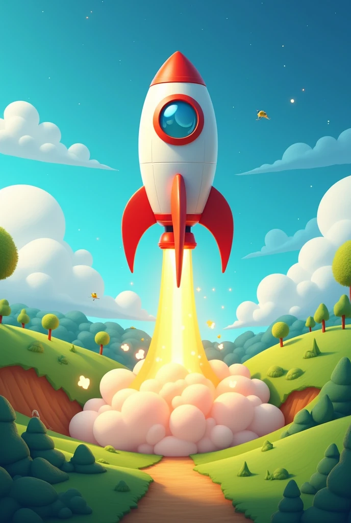 Cartoon rocket launching from earth
