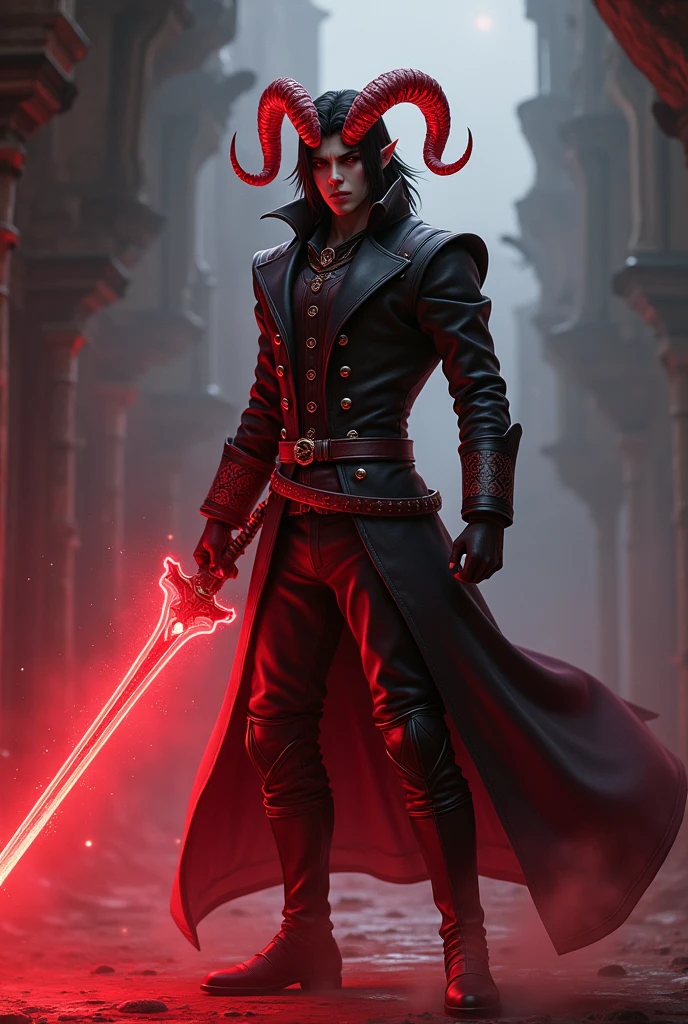 Male red mage, wearing long victorian coat with leather belts tricorn hat, mid long dark hair, red glowing rapier, curved horns with beautifully patterned scales sprouting from the back of the jaw to the sides, dueling pose, final fantasy style