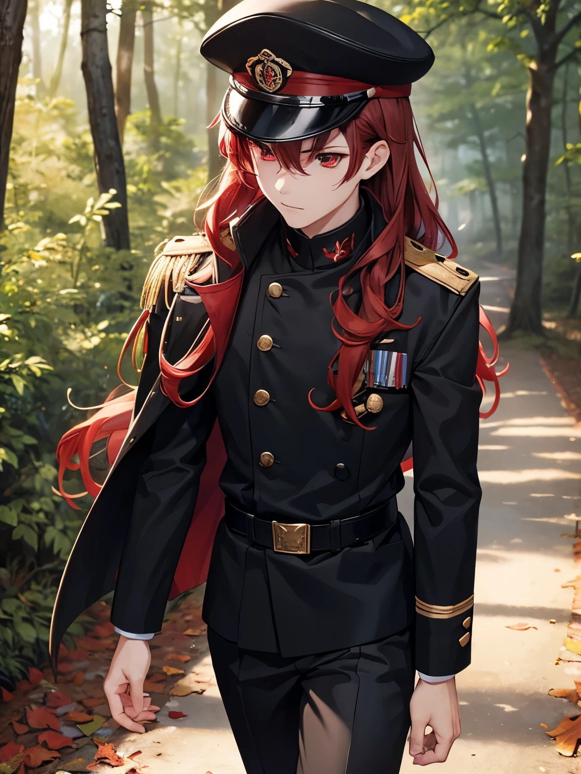 1boy,18 years old,cool,walking in forest,middle parted hairstyle,Curly hair, red hair, red eyes, long hair, vampire, handsome,,close up photo, walking,Black army uniform, black army hat, looking away