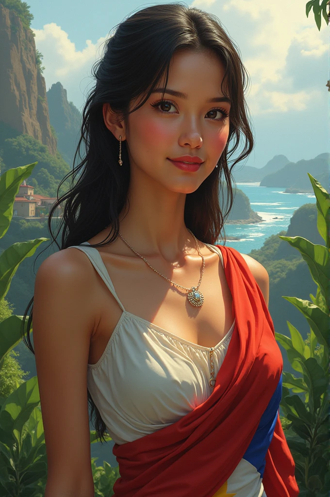 Draw a simple girl that symbolizes the Philippines is making strides in economic recovery, it continues to face significant challenges in health, environmental management, and geopolitical tensions.