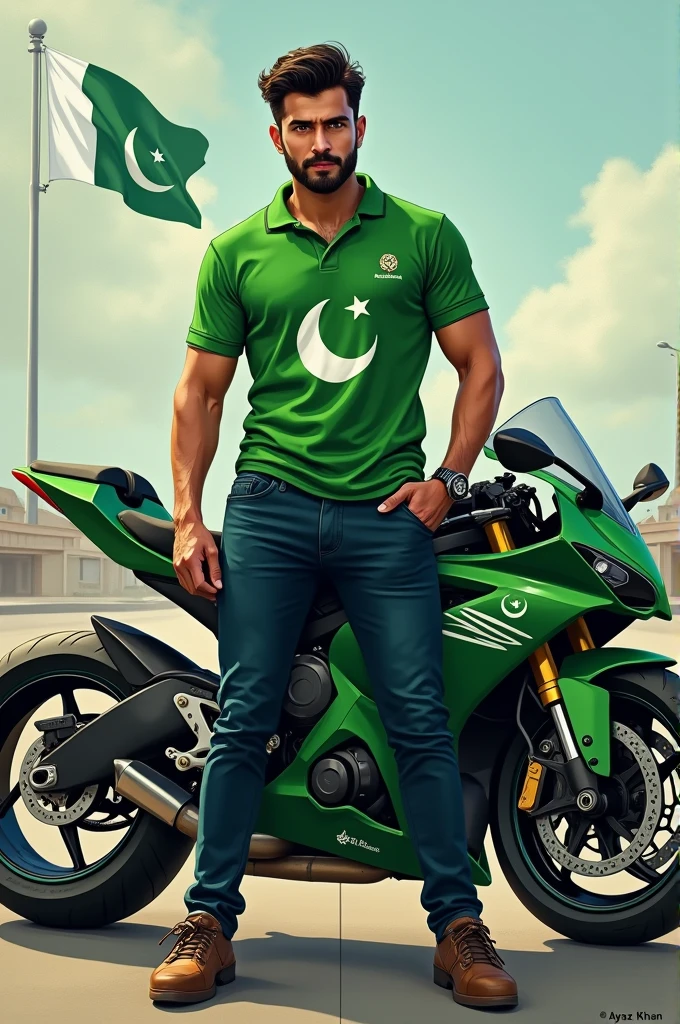 wearing a green  colour shirts  and dark blue paint with  pakistani flag name ayaz khan write  it on
standing with  sport bike which green colour on bike realistic art painting photo