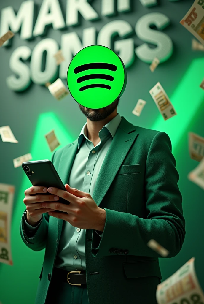 Ultra realistic
**Create an image where a realistic-looking man is shown with only the upper half of his body visible. The man's head is replaced with the Spotify logo, but the rest of his appearance should be lifelike. He is dressed in a green suit and is holding a mobile phone close to the screen, with the phone's display showing a payment of ₹2.5 lakh received. The man should be prominently positioned in the foreground of the image. At the top of the image, place the large 3D text "MAKING SONGS" in an extra-large, bold font. In the middle of the image, add the large 3D text "SPOTIFY AUTOMATION" in an equally bold and large font. The background features a rain of Indian ₹2000 and ₹500 notes, symbolizing abundance, along with a green upward-trending graph and subtle musical notes to emphasize growth and the connection to music