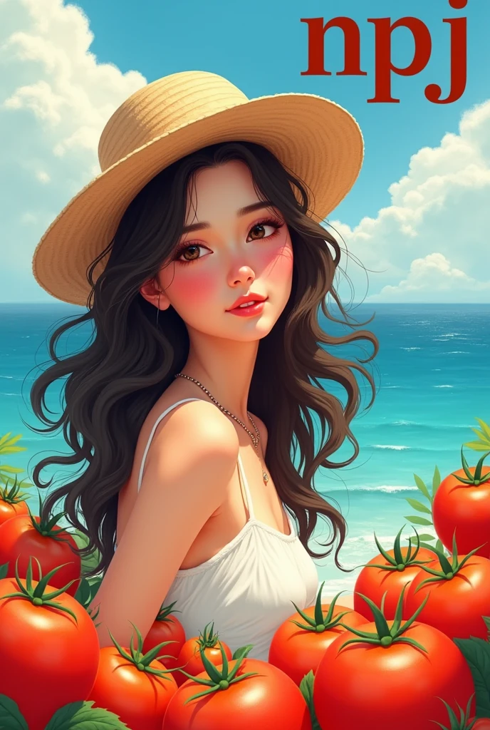 Please draw an illustration of the sea, tomatoes, and a cute beautiful girl.。He's wearing a straw hat。Please add 'npj' in big letters