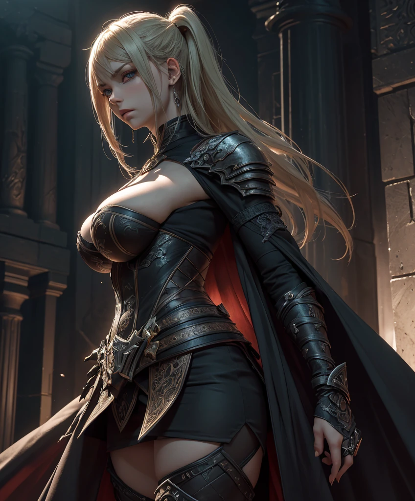 score_9, score_8_up, score_7_up, source_anime, source_explicit, Imposing and intimidating human female warrior with long blonde hair, dark armor and a sinister appearance like that of a villain.  She is very attractive and alluring, but is in the service of an evil force. hyper detailed, gothic art, trending on artstation,intricate details, ultra detailed,, ultra detailed clothes, epic masterpiece, ultra detailed, intricate details,  award winning, fantasy art concept masterpiece, trending on Artstation, digital art, unreal engine, 8k, ultra HD, centered image