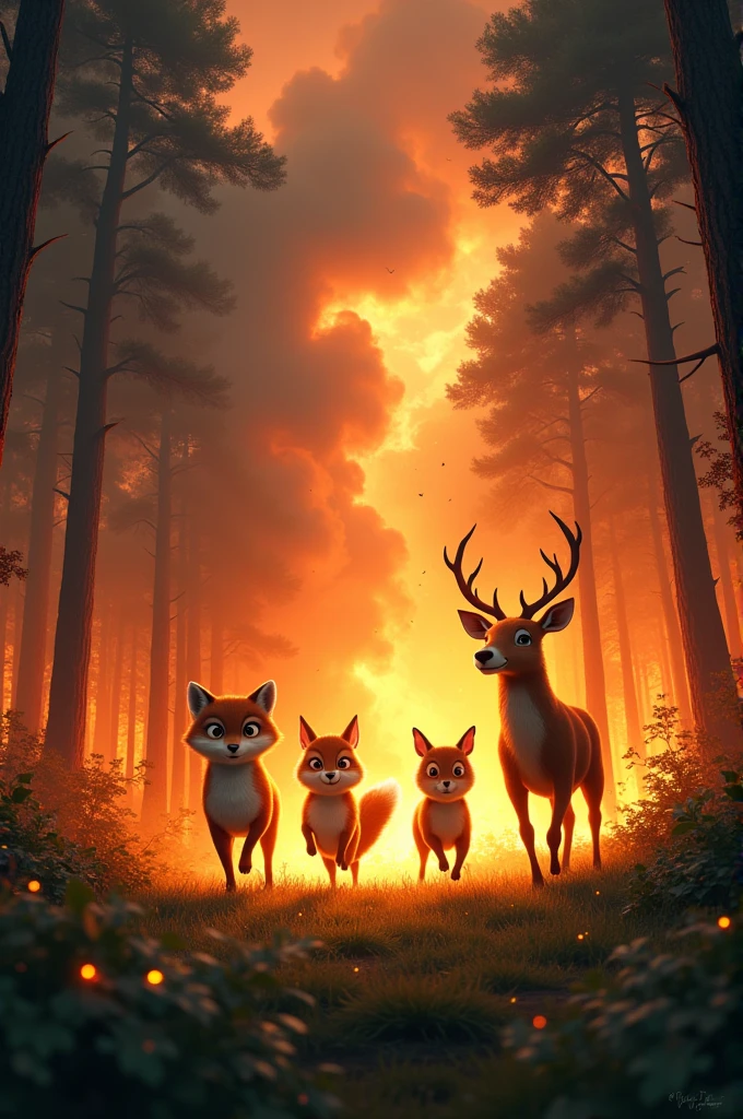 Forest Fire Begins**: A scene of a forest fire breaking out, with flames spreading through the trees. The animals in the forest, including the four friends, are seen looking scared and running in different directions.