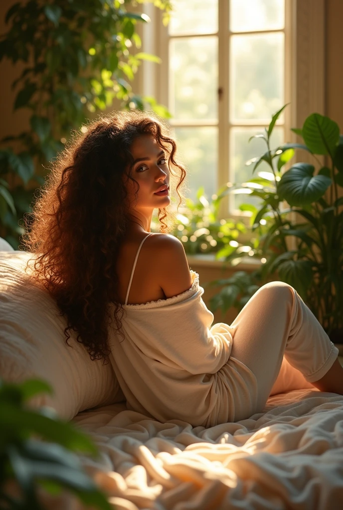 (photorealism:1.2), beautiful woman, sitting on bed, wearing loose off-shoulder top, pajama pants, long curly hair, indoors, soft lighting, plants in background, window with sunlight, cozy room, relaxed pose, realistic, intricate details, warm colors, by Greg Rutkowski, by Alphonse Mucha