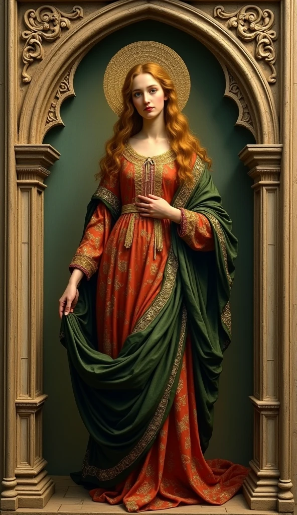 Create a detailed painting in the style of early Renaissance religious art. The central figure is a saintly woman standing gracefully within a Gothic arch frame. She is dressed in richly colored, flowing garments with intricate golden embroidery. The dress features a combination of deep red, green, and gold hues, with the fabric draping elegantly around her. Her hair is long, wavy, and golden, cascading down her shoulders. She wears a delicate golden halo around her head, signifying her saintly nature.